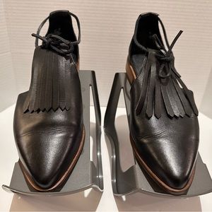 Kelsi Dagger Black Leather Fringe Lace-Up Loafers